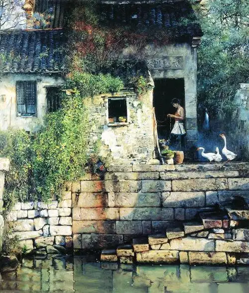 欣赏美~江南水乡油画欣赏江南水乡油画素材高清大图下载古镇里的小桥