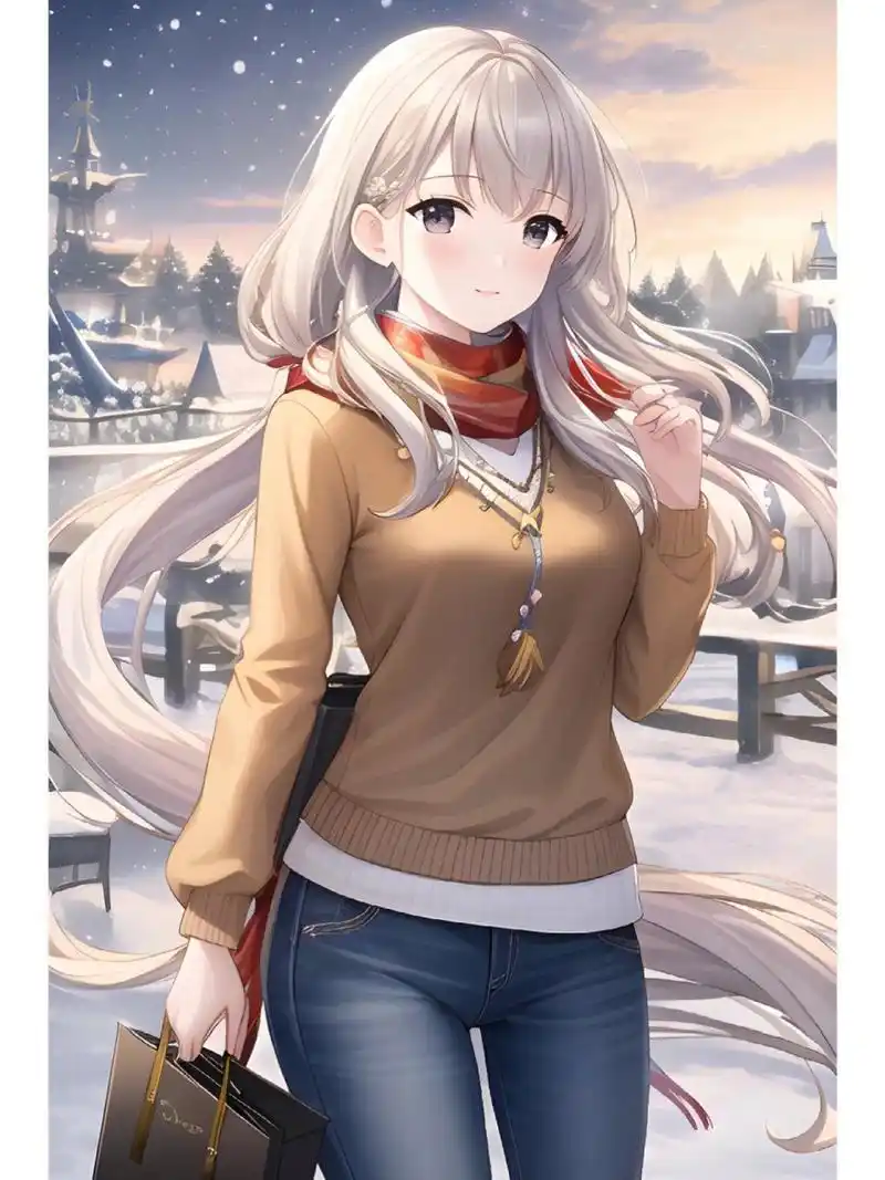 动漫二次元绘画人物,冬季毛衣外套女