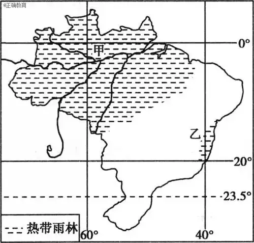 读巴西热带雨林分布图,回答1~2题.