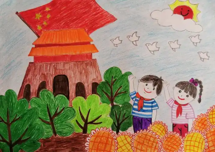 与刚上一年级的小侄子共同完成的画《祖国妈妈,我爱您》.