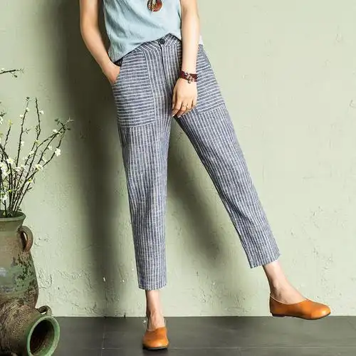 麻料棉麻裤子女2019新款 九分裤亚麻女裤 秋季薄款哈伦休闲小脚裤