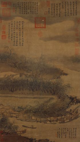 宋夏圭西湖柳艇图国画山水仿古画复制画艺术微喷打印临摹装饰画