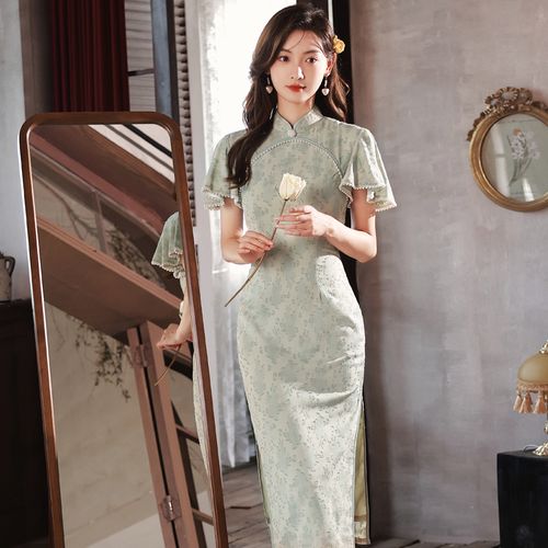 司藤雪纺提花绿色旗袍复古国风2022年夏小众高级感气质少女连衣裙