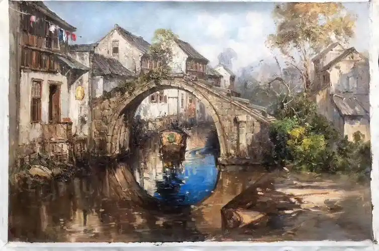 手绘特色江南水乡油画中式风景厂家直销欢迎订做