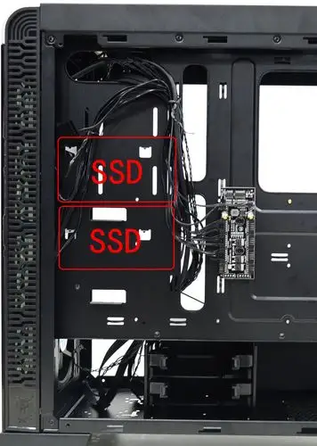 而在机箱的左侧部分可以安置两个2.5英寸的ssd固态硬盘.