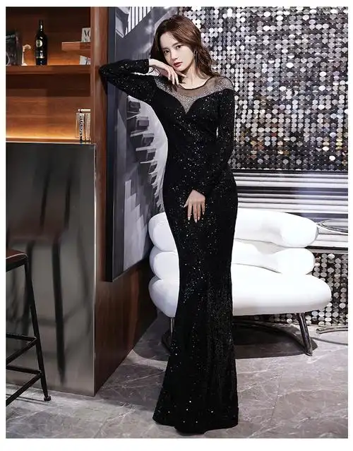 鱼尾晚礼服女春季黑色长袖气质重工连衣裙亮片质感主持人宴会礼服