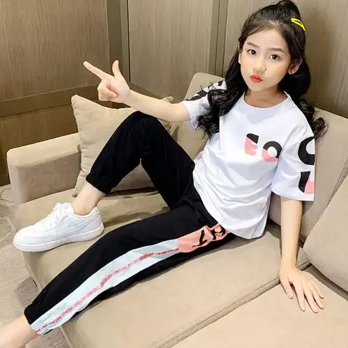 女童网红套装2022新款夏装洋气女大童运动潮流12岁女孩时尚两件套