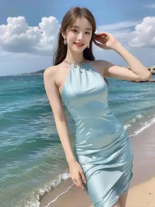 美女,优雅女神降临!清新蓝裙配白纱,甜美笑容彰显高贵气质