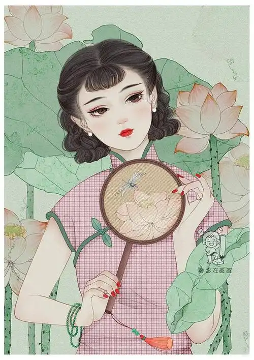 复古民国风手绘头像壁纸,优雅的旗袍女子