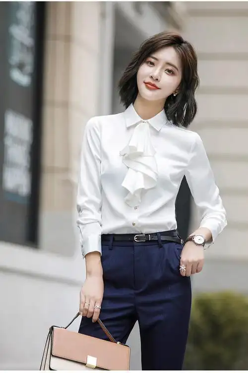 工作服现货厂家春秋新款韩版翻领荷叶边仿真丝雪纺衬衣女ol气质通勤