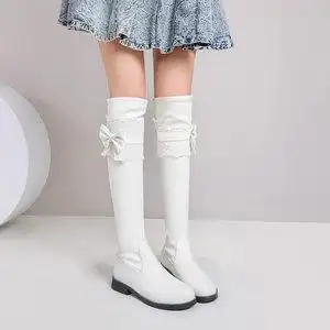 小女孩中大童公主皮靴102021秋冬款女童靴子白色高筒长靴走秀表演洋气