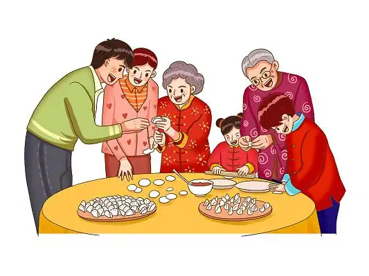 彩色手绘卡通新年春节一家人人物包饺子元素png素材
