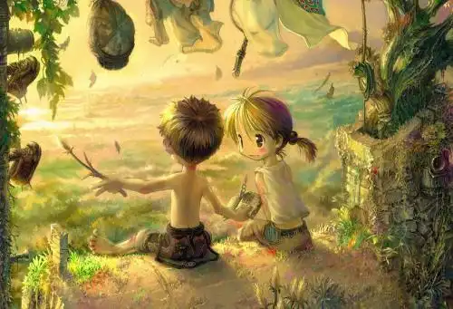 两个小孩坐在一起,背景是夕阳,挂着衣服,有点卡通,黄绿色调的壁纸.