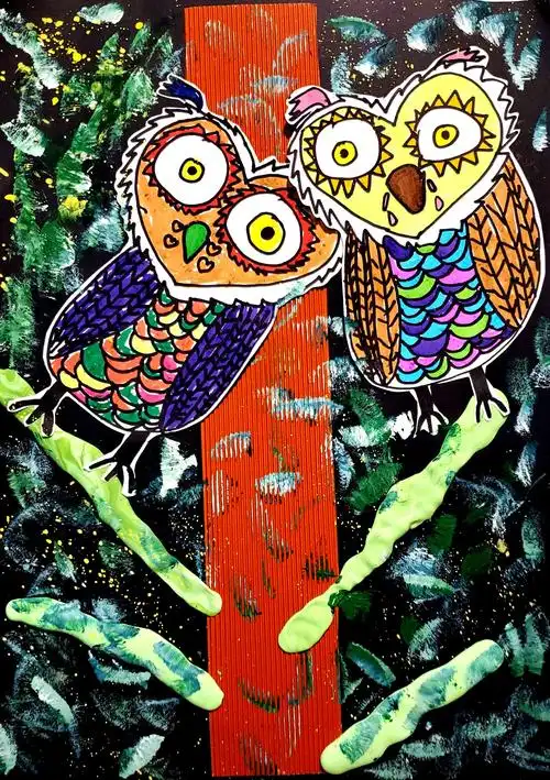 儿童心理画工作室暑假创意思维美术第十二节课《可爱的猫头鹰》