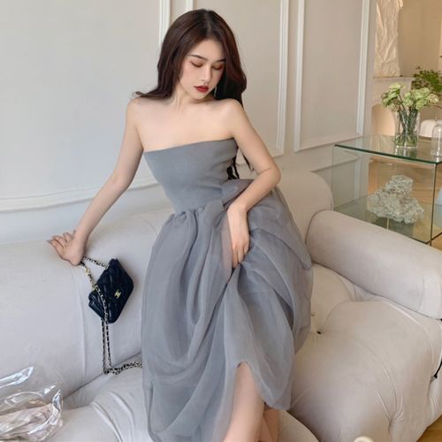 高级灰色裹胸网纱连衣裙夏2022新款收腰显瘦抹胸性感大摆纱裙夜店