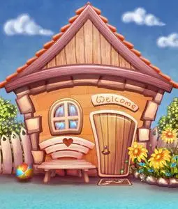 矢量平面卡通插画小木屋附近河银行手绘的树林中救护车或军队的直升机