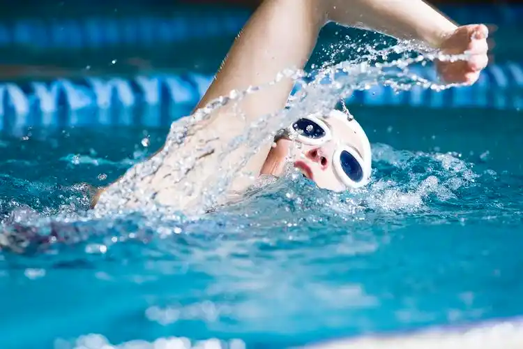 在室内游泳池的游泳运动员特写游泳比赛