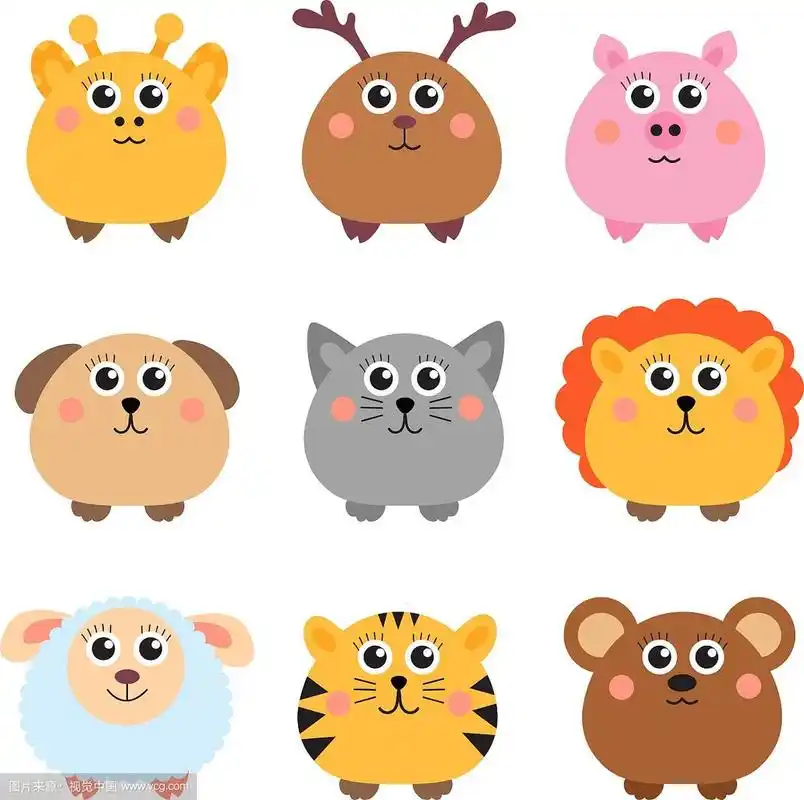 一组可爱的圆形动物.圆的动物.矢量图