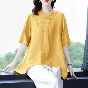 中长款上衣女夏不规则t恤短袖纯亚麻苎麻小衫贵妇人冰丝棉麻女装