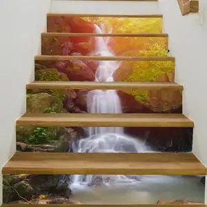 风景台阶墙体装饰 创意楼梯壁画森林瀑布防水贴墙画自粘 3d立体
