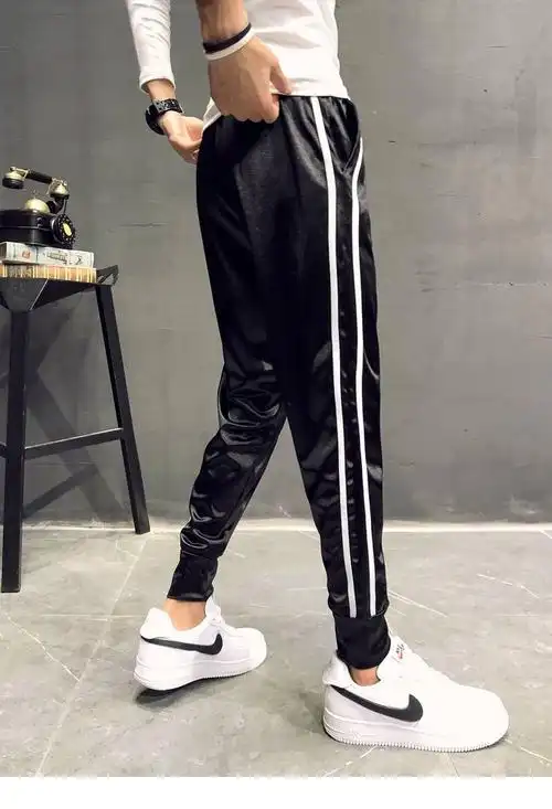 浪莎同款2021网红ins冰丝雪纺九分裤男bf原宿风两道杠束脚运动裤情侣