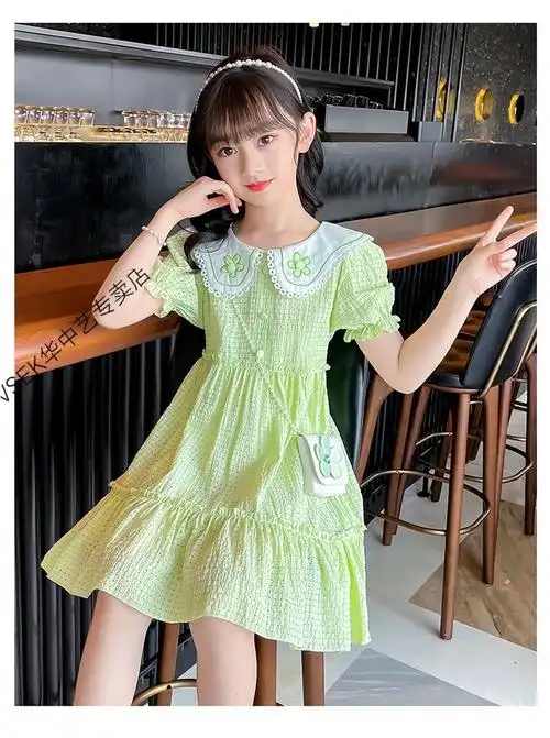 【新品】3-13岁甜美可爱小女孩穿的女童绿色连衣裙纯棉夏季2022新款
