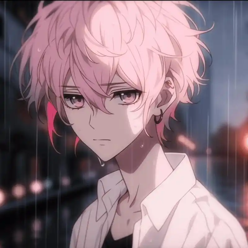 动漫男头 雨中少年粉发