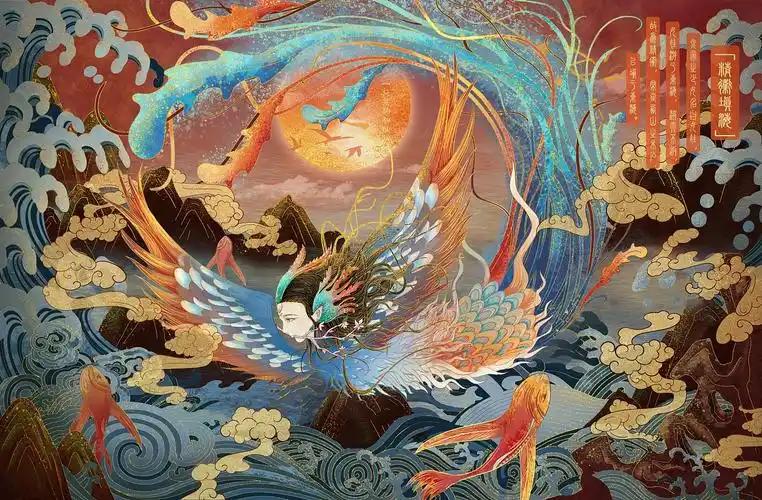 原创国风商业插画中国神话故事系列精卫填海