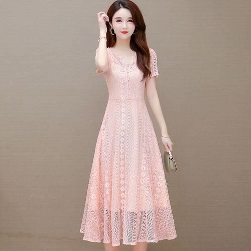 夏拉琪高端蕾丝连衣裙女夏季新款温柔风感流行甜美气质v领裙子 粉色
