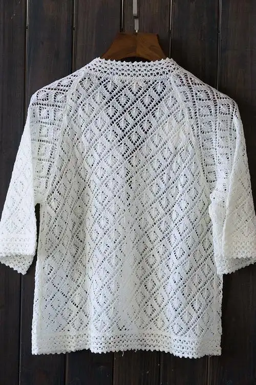 手工编织钩针女式短袖外套羊毛涤纶混纺短外套