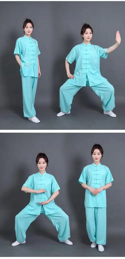 太极服女式短袖时尚新款绣花女装亚麻棉麻透气太极拳练功服装夏季开衫