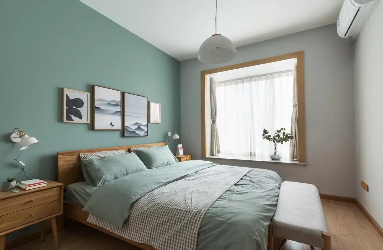 例如卧室空间,可以将床头背景墙用深一点颜色的乳胶漆,其它墙面用另一