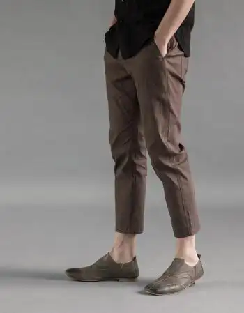 混纺咖色棉麻九分裤男士 原创设计简约透气休闲长裤夏 咖啡色 32