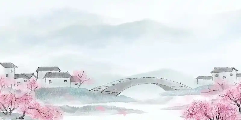 江南水乡桃花柳树国画建筑古风展板背景