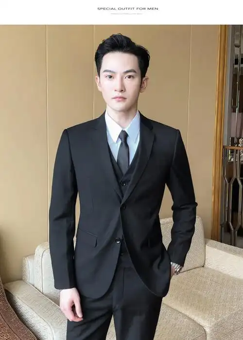 正装商务休闲职业小西装外套男百搭外套男二扣黑色西装衬衫西裤170