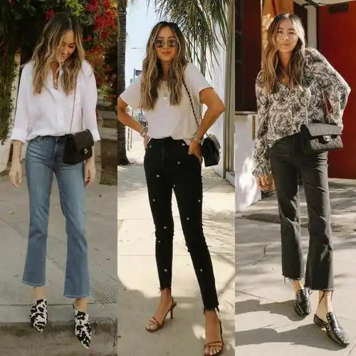 上衣扎进裤子中,形成上短下长的比例,简洁又大方.