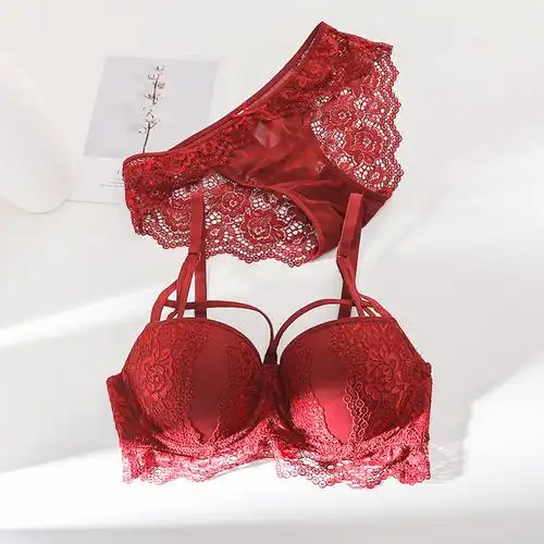 法式内衣女套装红色本命年结婚新娘小胸聚拢文胸无钢圈性感夏薄款