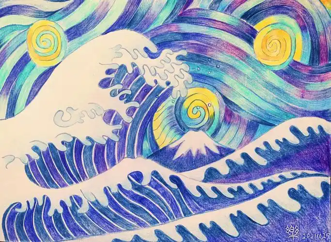 彩铅课堂《海浪遇上星空》浮世绘,是日本的风俗画,版画.