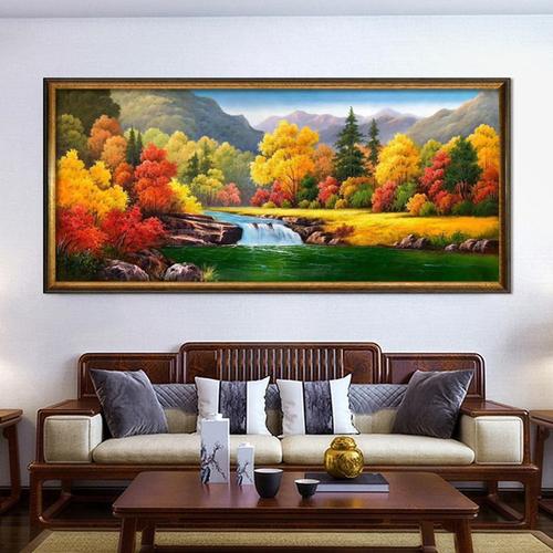 金色山水丰收风景油画 纯手绘欧式客厅挂画 横幅沙发背景墙装饰画