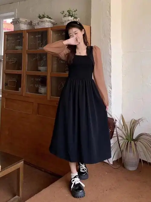 设计感假两件连衣裙2024春季新款撞色高腰显瘦气质风