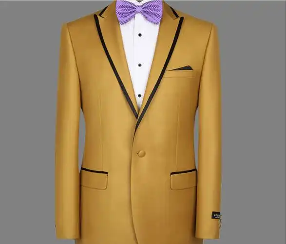 高档男士西装礼服套装黄色一扣夹边修身男式西服