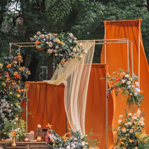 橙色婚礼布艺婚庆室外吊顶布幔背景舞台布置甜品台装饰布珍珠雪纺