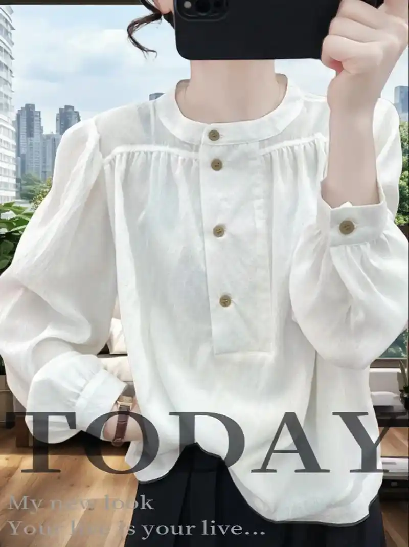 休闲立领宽松长袖白衬衫女上衣气质泡泡袖雪纺衫衬衣