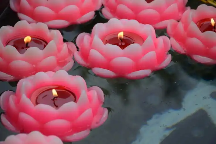 大殿旁的水缸里漂浮着祈福的莲花蜡烛灯.