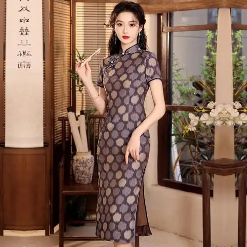 2024春夏款中国风云锦缎中长款复古旗袍女装连衣裙显瘦少女改良