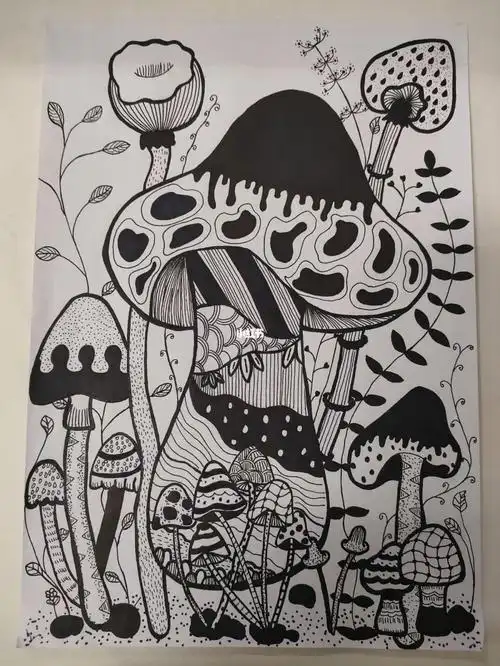 创意线描蘑菇黑白简笔画