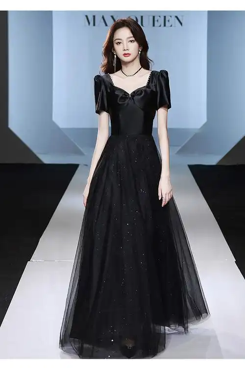 黑色晚礼服裙2022新款春夏季宴会修身优雅气质艺考纱裙女年会礼服