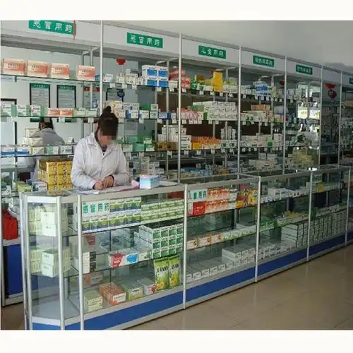 深圳药房柜台玻璃展示柜西药柜药店架诊所药品保健品香港货架定制