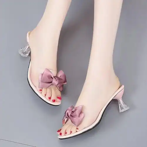 拖鞋女2020新款时尚百搭透明蝴蝶结一字拖中跟细跟夏季女士凉拖鞋