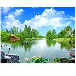 墙布客厅沙发8d影视墙壁画 现代3d电视背景墙壁纸山水风景画新中式